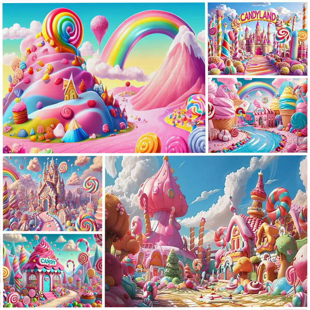 

Candyland Lollipop Castle Birthday Party Decoration Background Colorful Candy House Dreamland Kid Gift Backdrop Photography Prop
