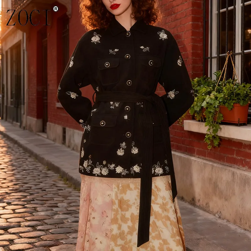 

ZOCI Korean Fashion Women's Lace Up Blazers Flower Embroidery Suit Jackets Female Vintage Long Sleeve Coats 2025 Autumn New