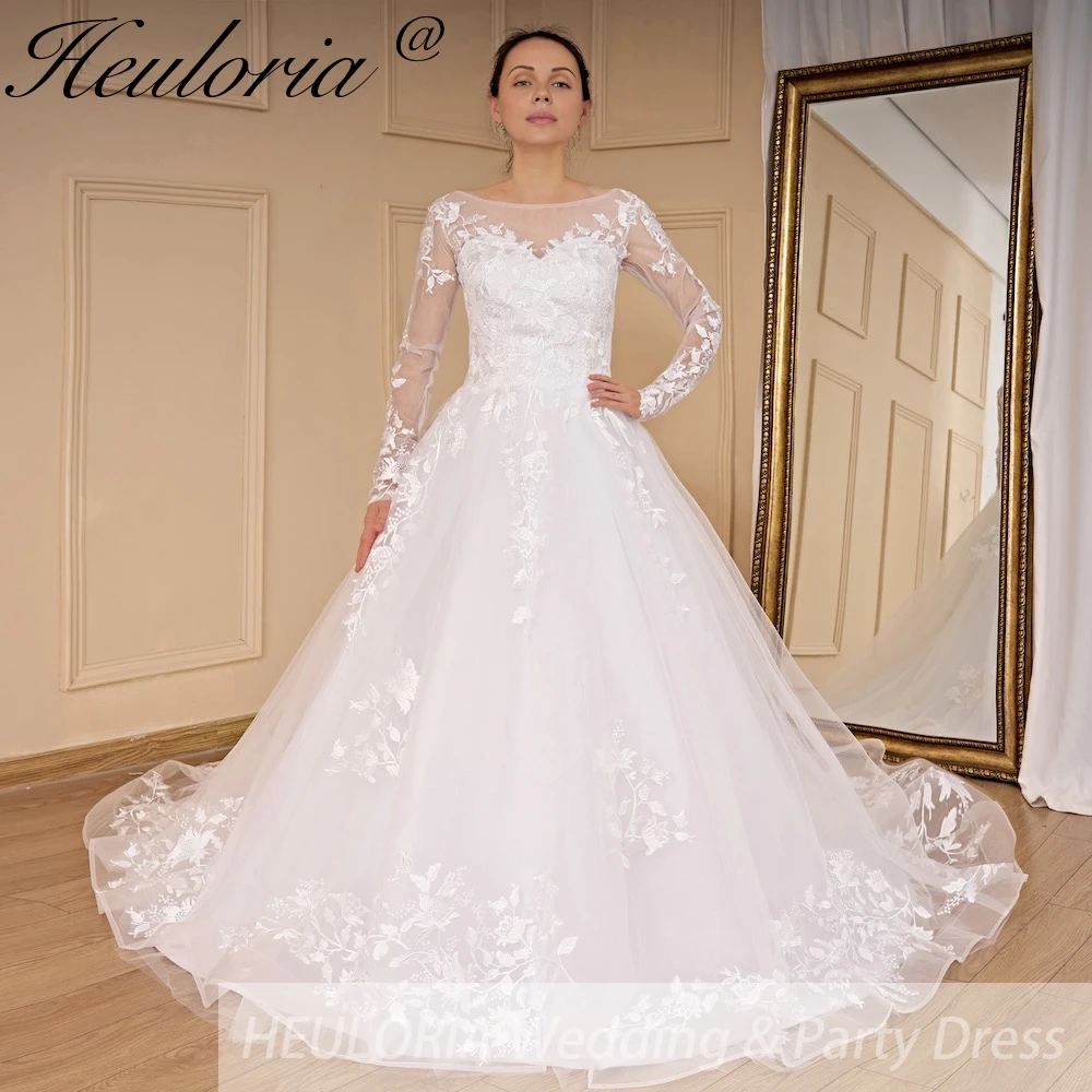 Heiloria-vestido de novia de princesa, prenda de manga larga con apliques de encaje, talla grande, con cordones