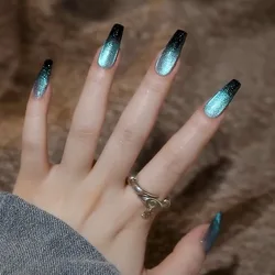 24pcs Wearable Blue Black Gradient Fake Nails Ballet Cat's Eye Phototherapy French False Nails Y2k Press On Nails Long Coffin