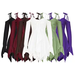 SKMY Women Clothing Drawstring Pleated Short Dresses Solid Color Y2K Irregular Lace-Up Off The Shoulder Long Sleeve Dress