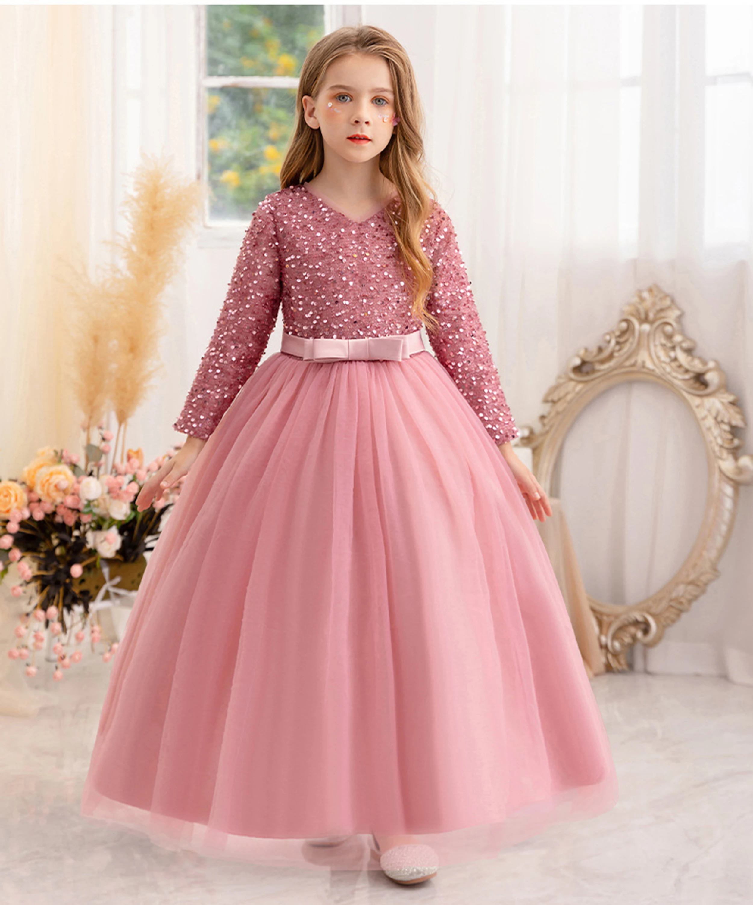 

Little Big Girls Winter Long Sleeves Sequined Flower Girl Birthday Party Pageant Holiday Long Dress 23822