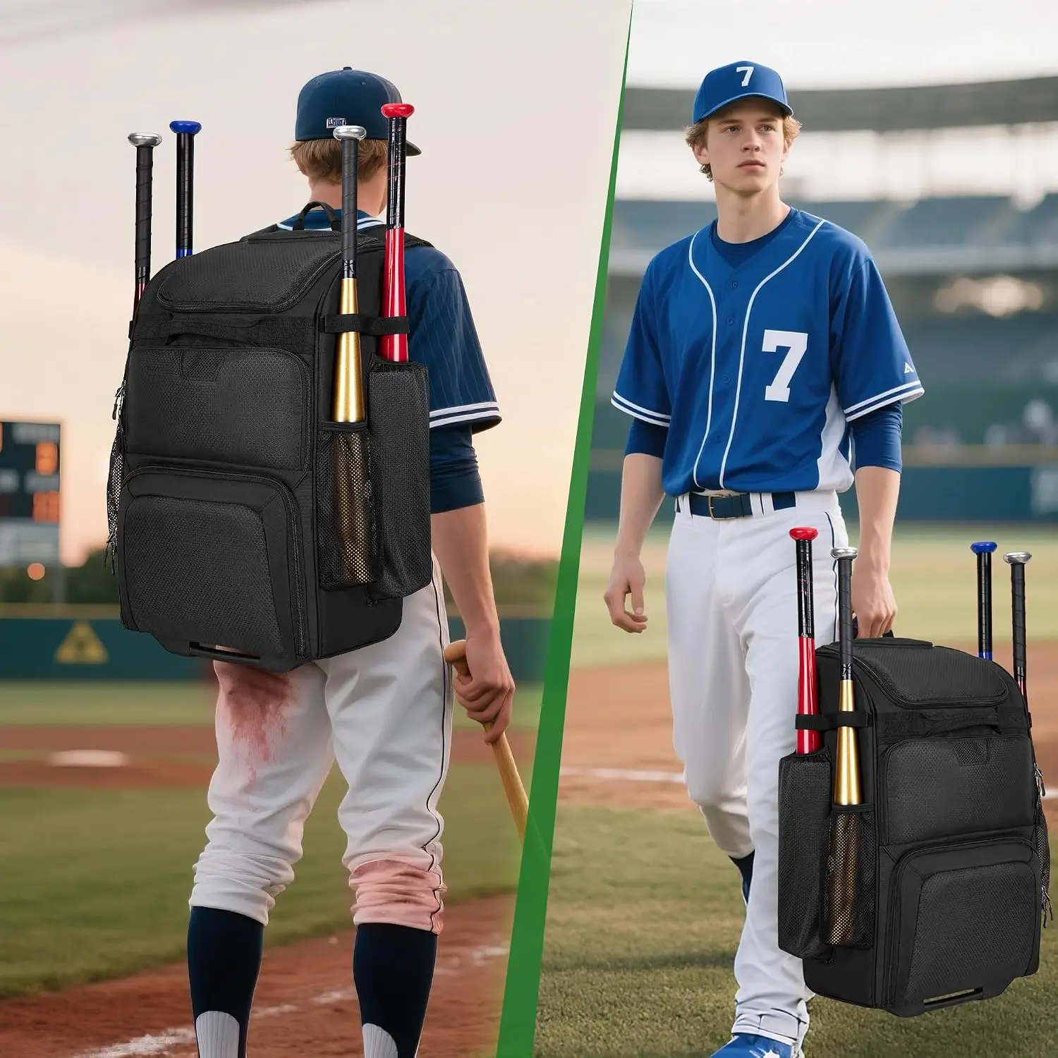 Rolling Baseball Backpack With Wheels Heavy Duty Softball Gear Equipment Bag Holds Four Bats With Shoe Compartment Fence Hook And Detachable Straps Portable Sports Backpack Black view 7