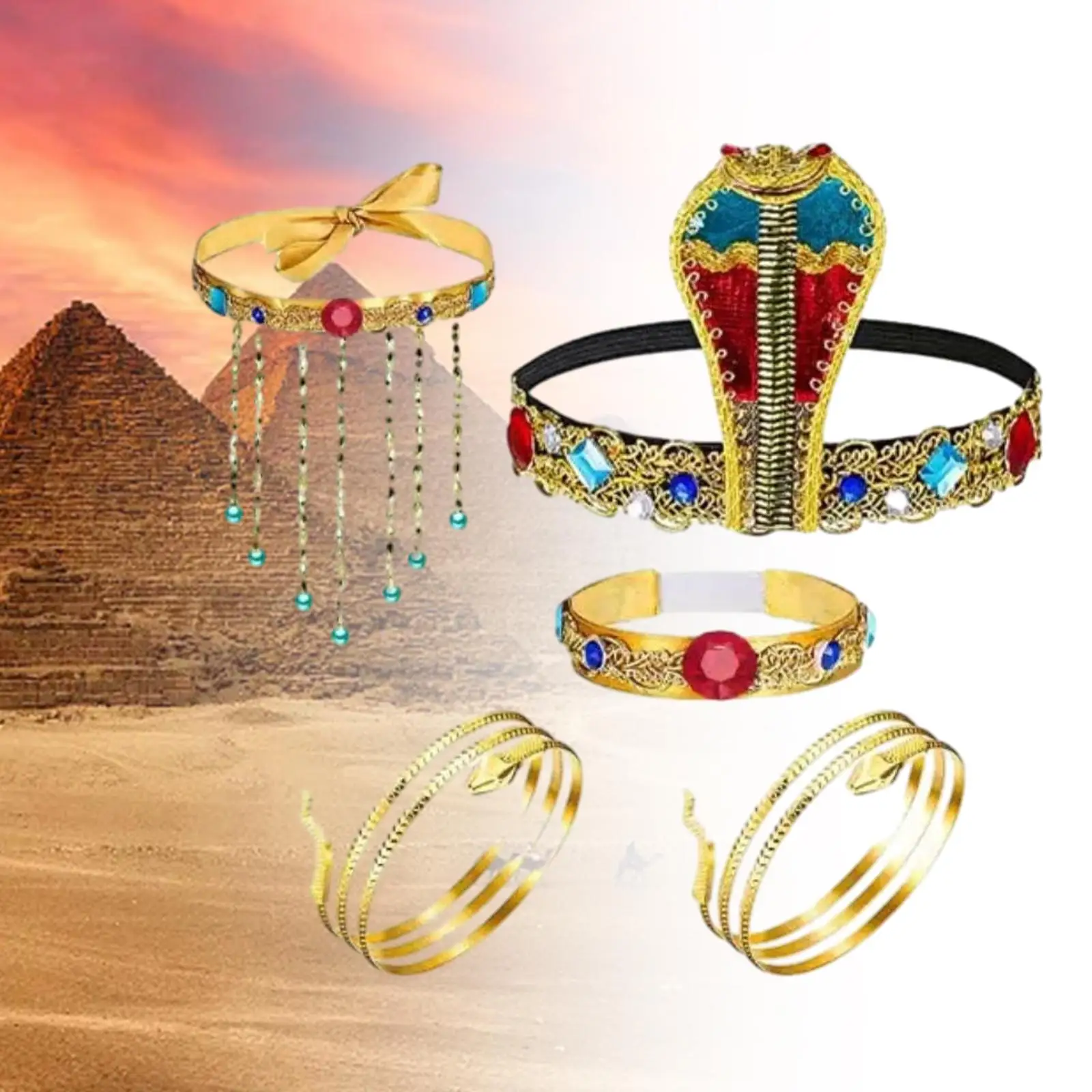 

5 Pieces Egyptian Costume Accessories Set Necklace and Bracelet Dress up for Birthday Prom Fancy Dress Photo Props Holidays