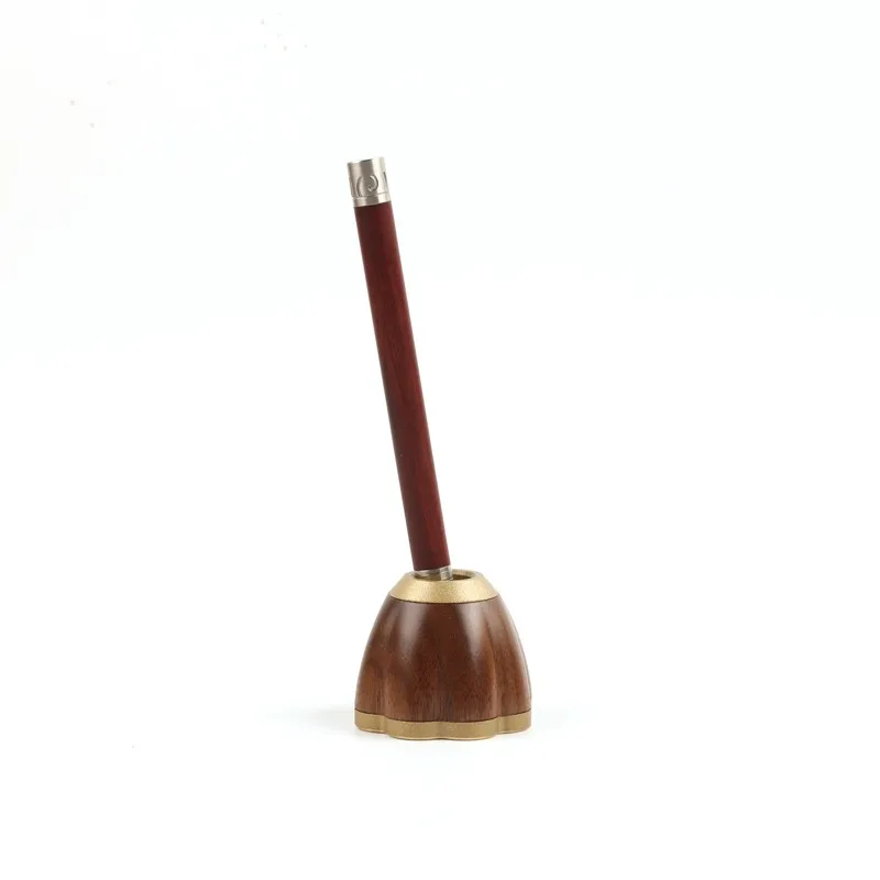 Suporte de caneta de madeira de cobre, peso de papel, base de nogueira preta, lótus, amendoim, manju, mantra de oito caracteres, ornamento de estudo de mesa, soquete de caneta