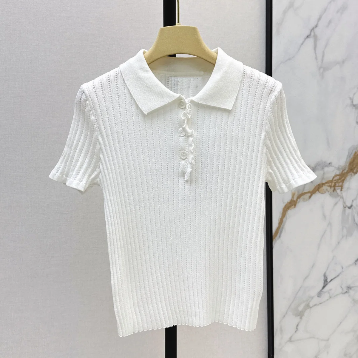 High Quality Women Polo Collar Knit Top Short Sleeve Ruffle Placket Slim Fit Hollow Rib Short Shirt lyt26714117