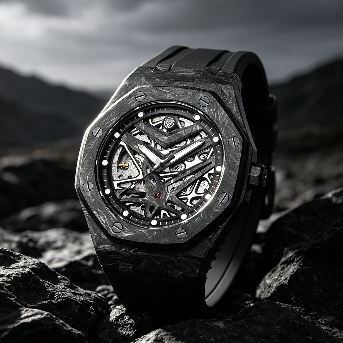 TIMETOKEN Forged Carbon Fiber Octagon Skeleton Automatic Men Watch Luminous 10ATM Waterproof Orange Rubber Sport Wristwatch T577