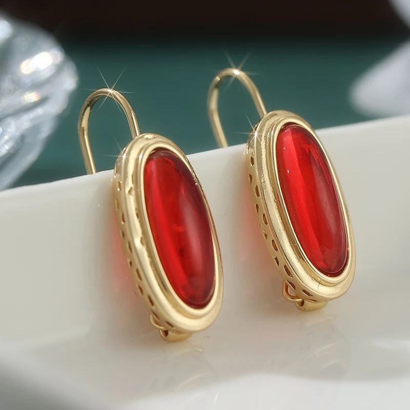 Vintage Romantic Long Oval Synthetic Ruby Golden Hook Earrings for Women Elegant Classic Banquet Celebration Jewelry Accessories