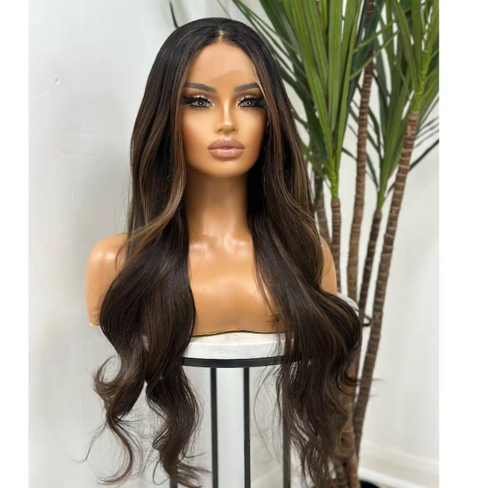 180% Density Ombre Brown Synthetic HD Lace Front Wig with Dark Roots Realistic Hairline Wig For Women Cosplay Daily Party Used