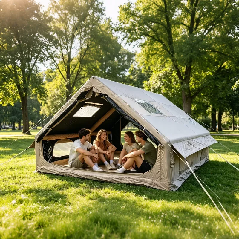 2026 Hot 12㎡ Inflatable Ridge Tent with Black Vinyl Coating, UPF 50+ Darkroom Air Tent for 6-8 People, Doors