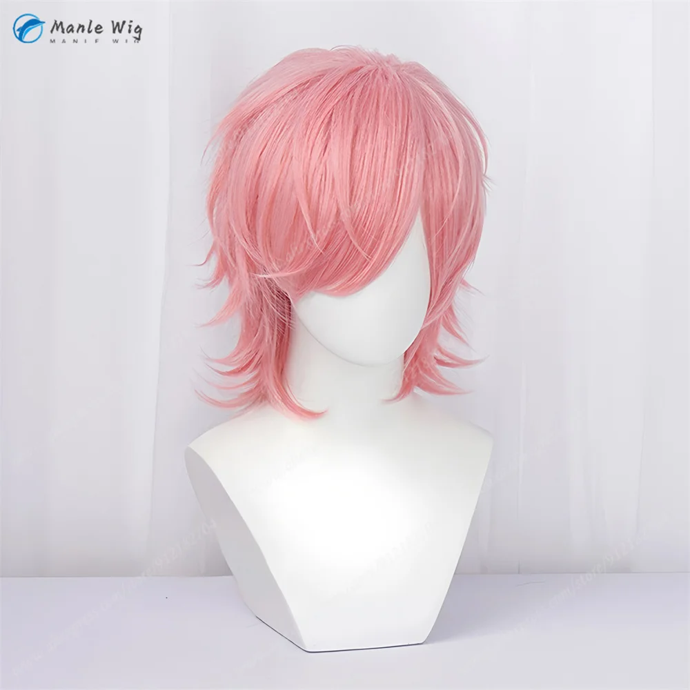 Wig Cosplay Ayato Yuri 40Cm Wig Keriting Merah Muda untuk Pria Kostum Cosplay Wig Anime Rambut Sintetis Tahan Panas Halloween + Topi Wig