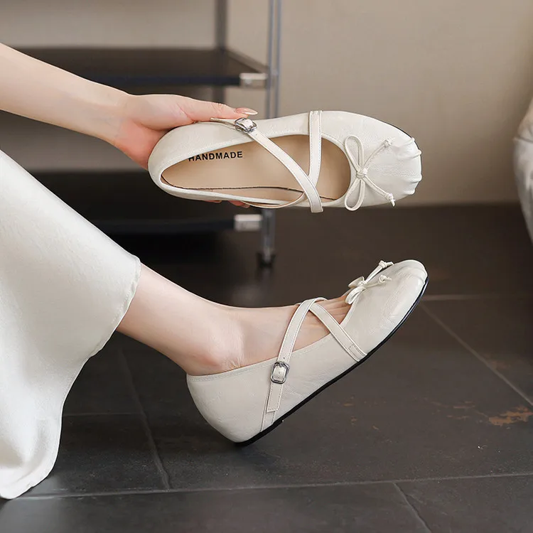 Women's Shoe Mary Jane Flats Women Butterfly Bow Square Toe Ballet Shoes Vintage Cross Strap Comfort Slip On Wedding Party Pumps