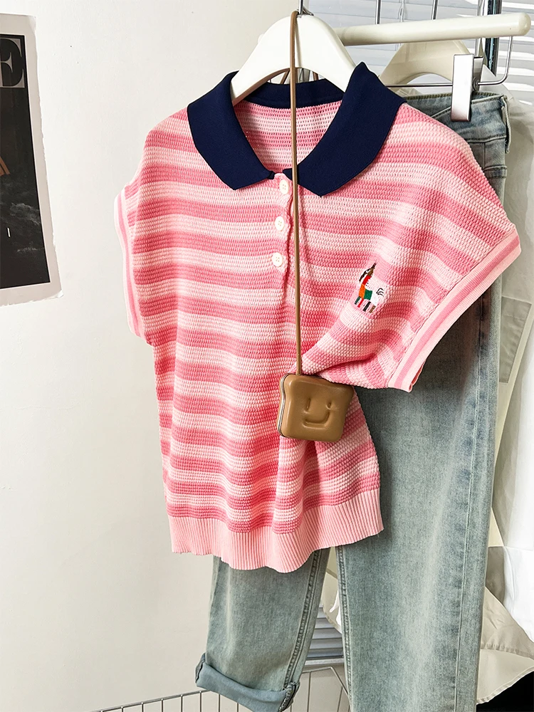 Summer Turn-down Collar Knitted Short-sleeved Tops Women\'s Casual Versatile Striped Embroidered T-shirt Loose Tops