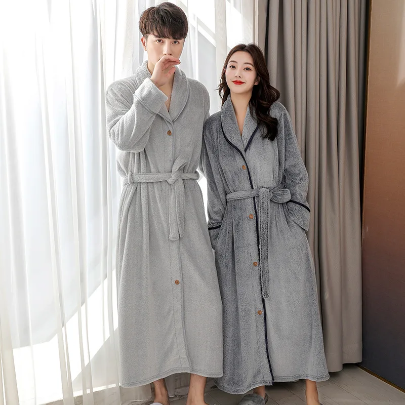 Couple Button Lapel Kimono Women Thickened Long Robe Coral Fleece Bathrobe Men Large Nightwear Winter New Flannel Homewear