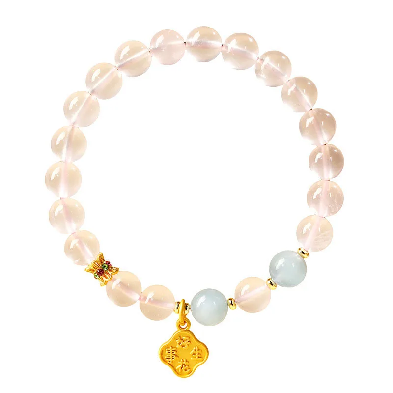

Natural Rose Quartz Peanut Bracelet with Aquamarine Crystal Flower Pendant Rose Quartz Jewelry Gifts