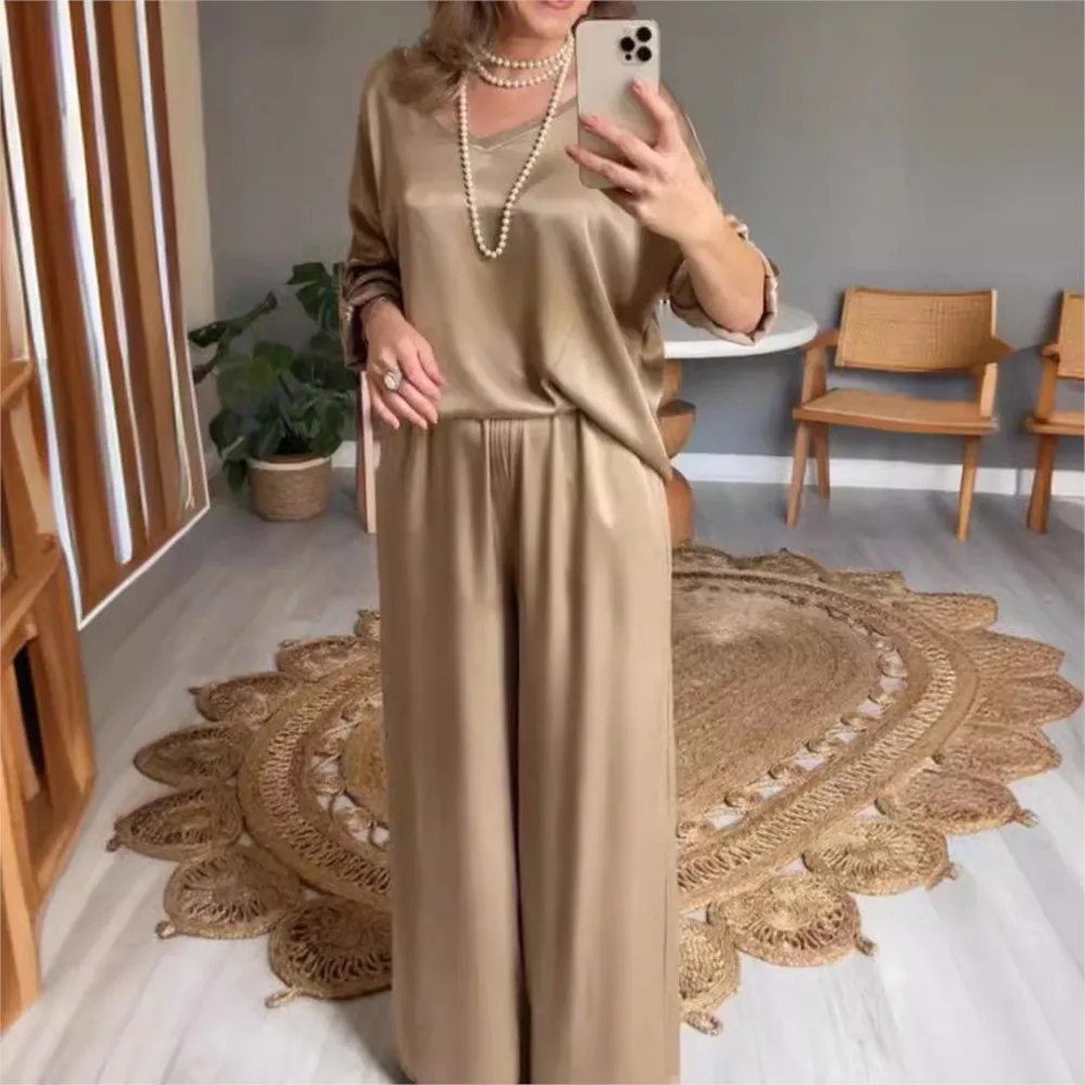 

Loose Solid Color Elegant Shirt Wide Leg Pants 2-piece Set For Women 2025 Fashionable Casual V-neck Short Sleeve Top Trouser Set