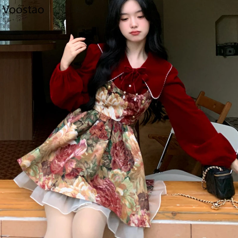 Vintage 2 Piece Dress Set Women Elegant Red Velvet Blouse Tops Floral Print Mini Dress Suit Female Korean Fashion Y2k Party Sets