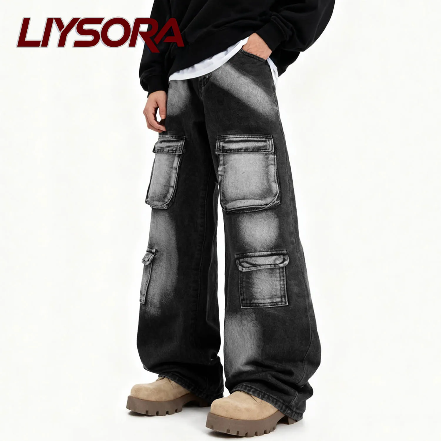 

American Style Men's Black Baggy Straight Leg Cargo Jeans Youth Street Multiple Pockets Heavy Washed Denim Pants Men's Clothes