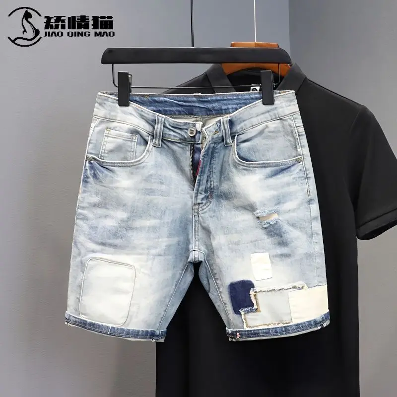 New Fashion Korean Men\'s Casual Summer Denim Knee Length Shorts Distressed Patches Designer Boyfriend Luxury Brand Jeans Male