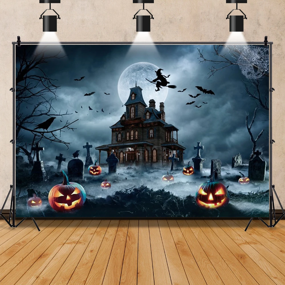 Laeacco Halloween Backdrops Photography Castle Moon Tomb Pumpkin Lights Witch Party Horror Night Theme Background Photo Studio