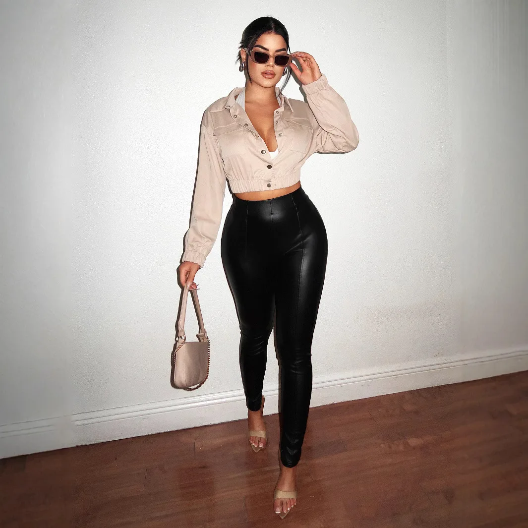 Autumn New Women's Clothing Fashion Solid Color Tooling Single-breasted Jacket Long-sleeved Short Jacket 8656