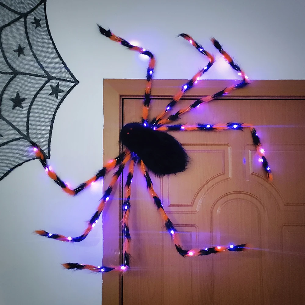 Large Artificial Luminou Spider Oversized Plush Black Spider Halloween Party Decoration Outdoor Home  Haunted House Horror Props