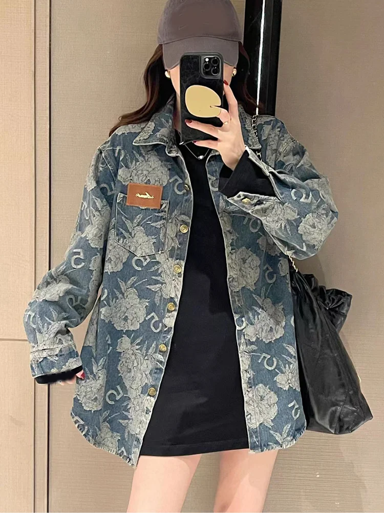 

Women Vintage Denim Shirts Loose Casual Floral Patch Designs Long Sleeve Blouse Korean Button Retro Autumn Streetwear New Coats