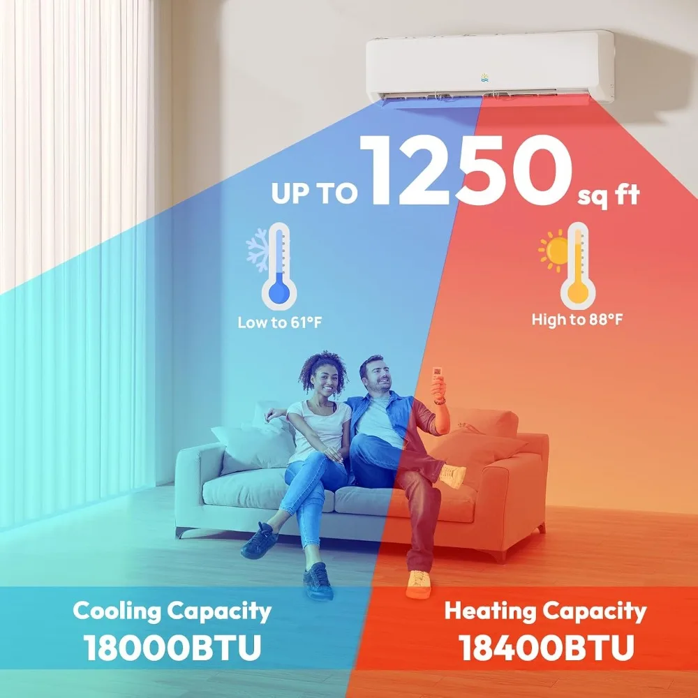 18000 BTU Mini Split AC & Heat Pump, 19 SEER2 Ductless Inverter, Pre-Charged for 1250sq.ft, 208-230V, Custom