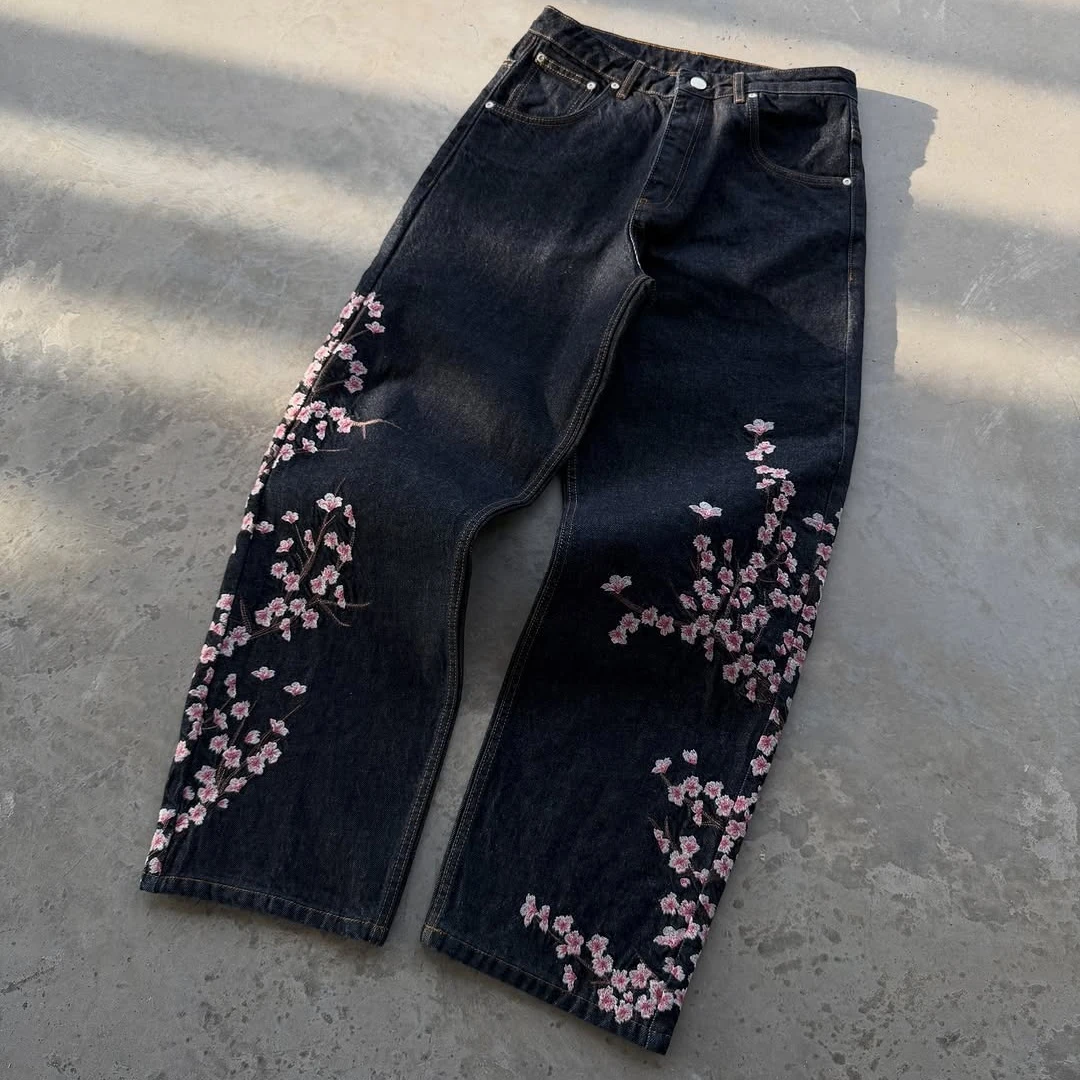 Spodnie Y2K Baggy Jeans Oversize z haftem kwiatów wiśni Harajuku Vintage z szerokimi nogawkami Gothic Męskie Damskie Hip Hop Proste nogawki