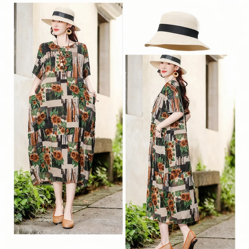 Comfortable Plus Size Women Dress Chinese Floral Print Loose Fit Casual Elegant Retro Style Soft Cotton Midi Dresses
