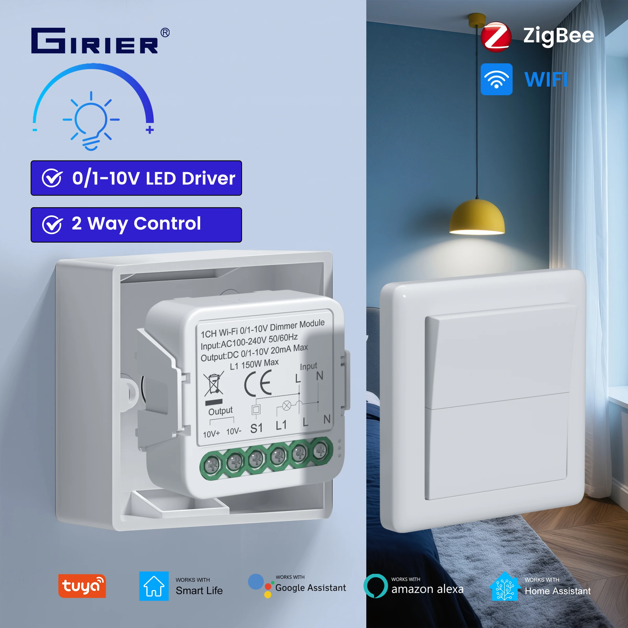 

GIRIER Tuya ZigBee/WiFi Smart Dimmer Switch Module for DC0-10V LED Driver Universal DIY Breaker Relay Work with Alexa Hey Google