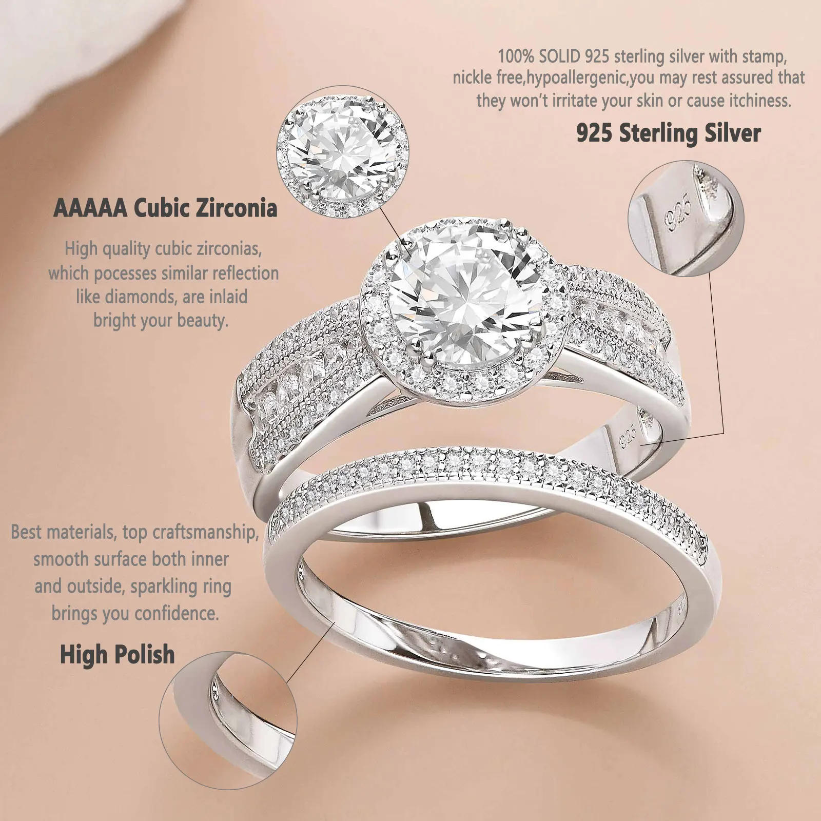 Newshe Sterling Silber Schmuck 2ct Braut Sets Ehering für Frauen aaaaa Halo Runds chliff Zirkon Zirkon Verlobung sband