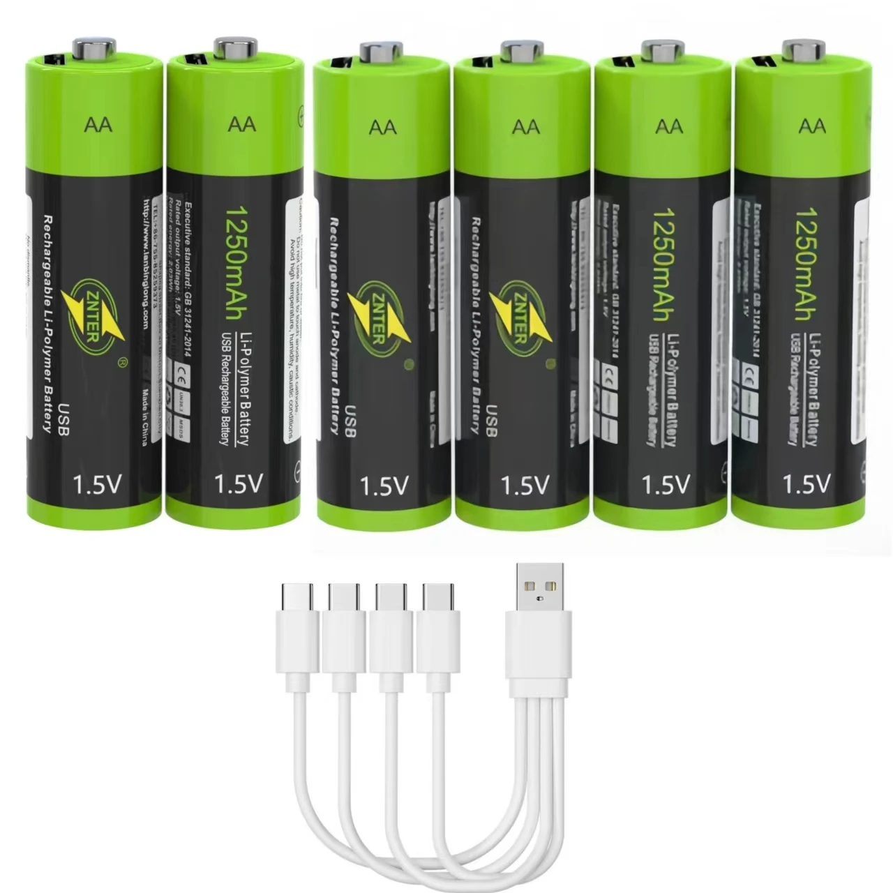 6PCS ZNTER AA Rechargeable Battery 1.5V AA 1250mAh USB Charging Lithium Battery Bateria without Micro USB Cable