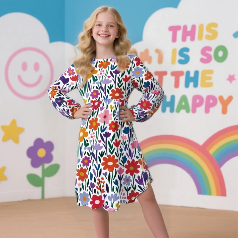 

2025 Girls' High-Saturation Contrasting Color Floral Print Dress, Suitable for Outdoor Outings & Holiday Gatherings