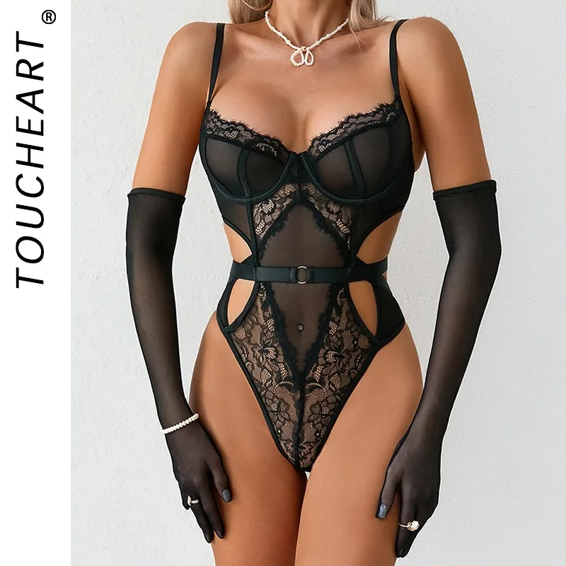 

Toucheart Women Sexy Sling Jumpsuit Gloves Lace Skinny Backless See-through Premium InterestingHollow Mesh Charming Bodysuit Set