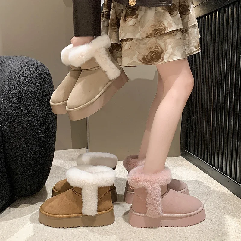 Bottes de neige en fourrure de mouton pour femmes, tout-en-un, plus velours anti-ald, mini bottes courtes à la mode, nouveau style