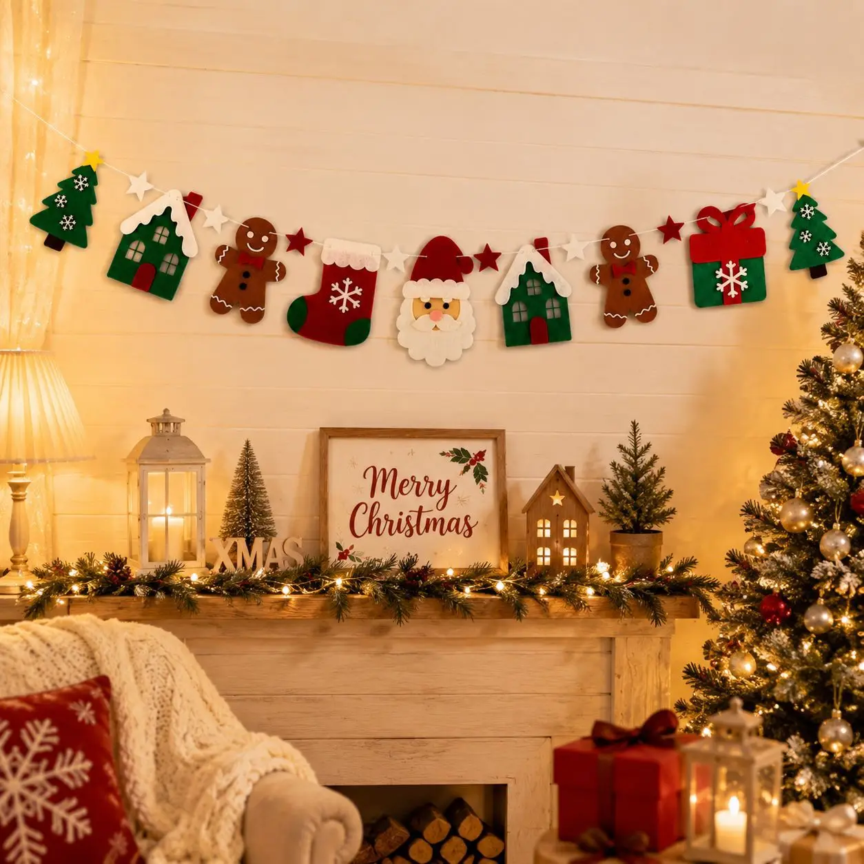 2pcs Christmas banner, Santa Claus gingerbread man, Christmas tree flag hanging, Christmas party