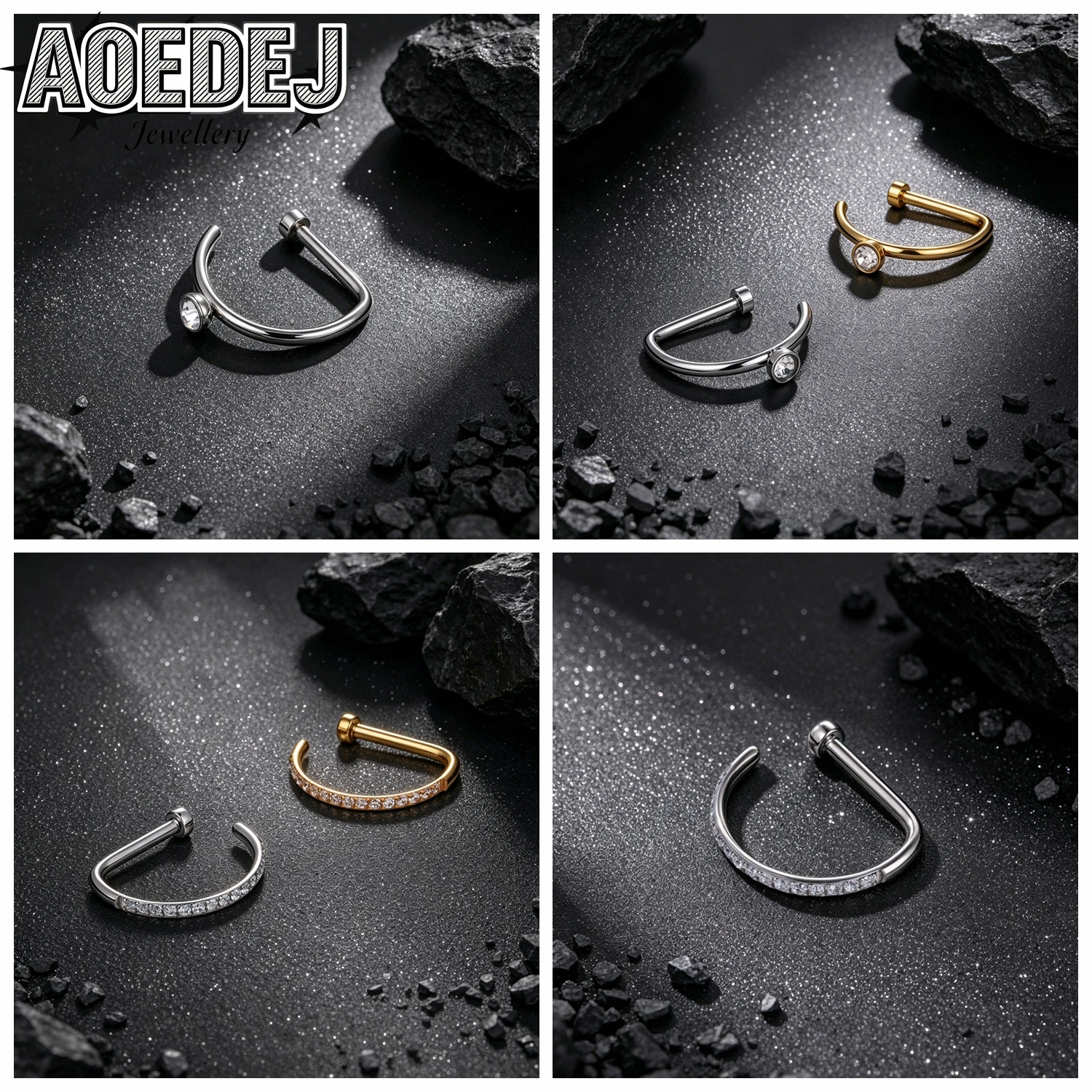 AOEDEJ 1-10pcs/lot D Shape 18G Stainless Steel Nose Rings CZ Crystal Nose Piercing Moon Star Flower Spike Nostril Piercings 10MM