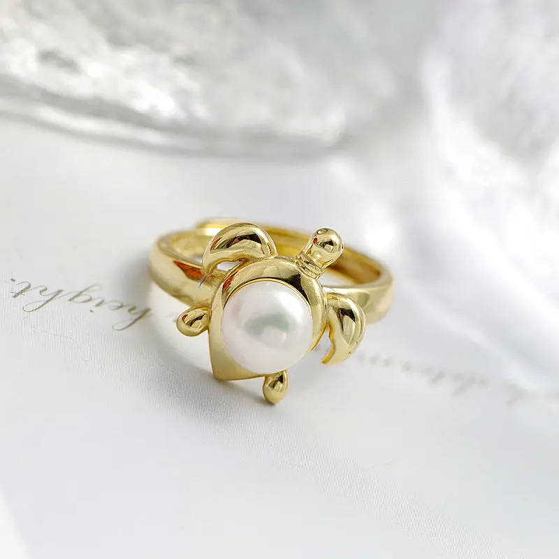 

Кольцо ручной работы с инкрустацией натуральным пресноводным жемчугом, милая маленькая черепаха в форме стерлингового серебра 925 пробы, открытое элегантное модное ювелирное изделие, подарок