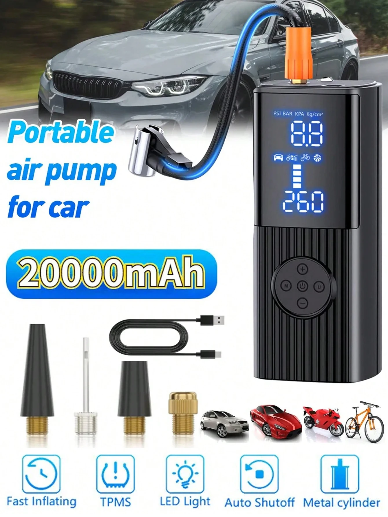 20000mAh Portable Air Compressor Digital Display Tire Inflator Electric Air Pump With LED Lamp for Car Balls Motorcycles Bicycle