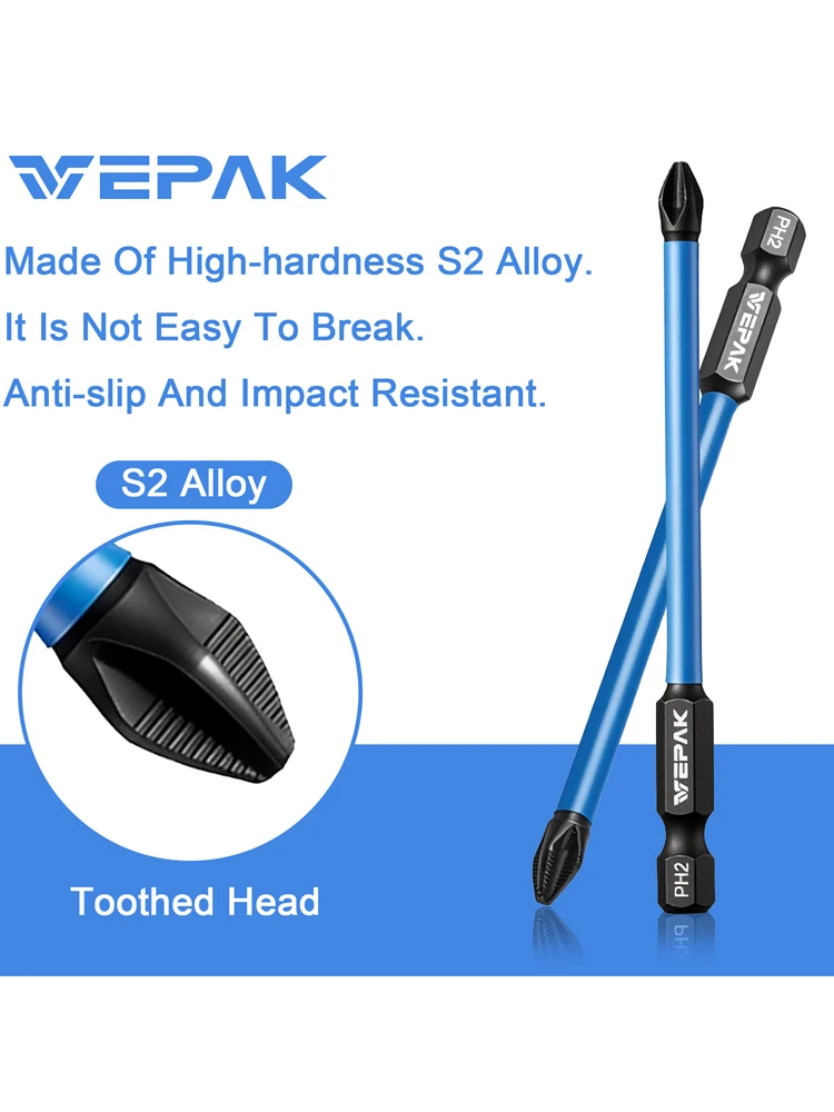 VEPAK VP1PH2090-2 PH2 90mm S2 Magnetic Impact Screwdriver Bits Anti-Slip Drill Bits for Electric Power Drills