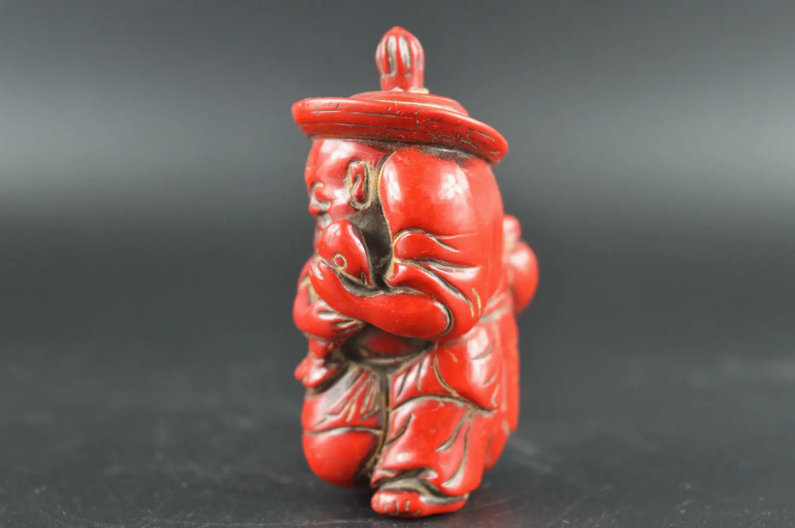 Collectable Chinese Red Coral Carved Old Man Hold Fish Good Harvest Exquisite Small Statues