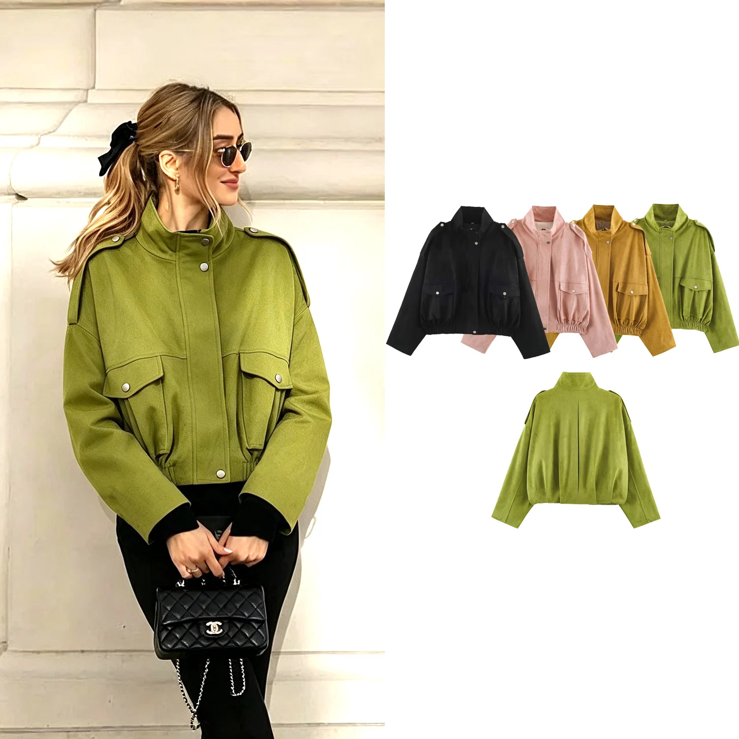 Women Fashion Chic Suede Casual Short Jackets Spring Fall Female Stand Long Sleeved Jacket With Pockets Lady Street Pilot Jacket