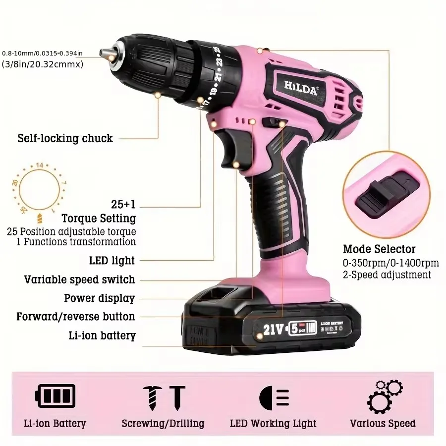 HILDA 21V Pink Drill DC Lithium ion Battery with Bag Cordless Drill Mini Wireless Power Driver Electric Tool