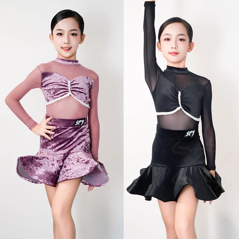 

Kids Rumba Samba Latin Dance Costume Girls Velvet Ballroom Dance Dresses Children's Latin Dance Competition Clothes XS10310