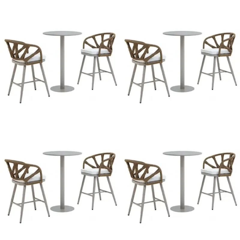 Modern Rattan Hotel Outdoor Durable Steel Frame Bar Furniture Set with Dining Table and Bar Stools for Commercial Use