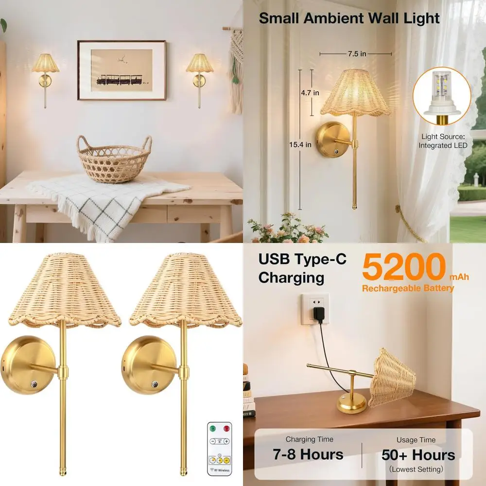 

Wireless Boho Rattan Wall Sconces, Dual Set with Touch Dimming, 5200mAh Battery, LED Lighting for Home Decor