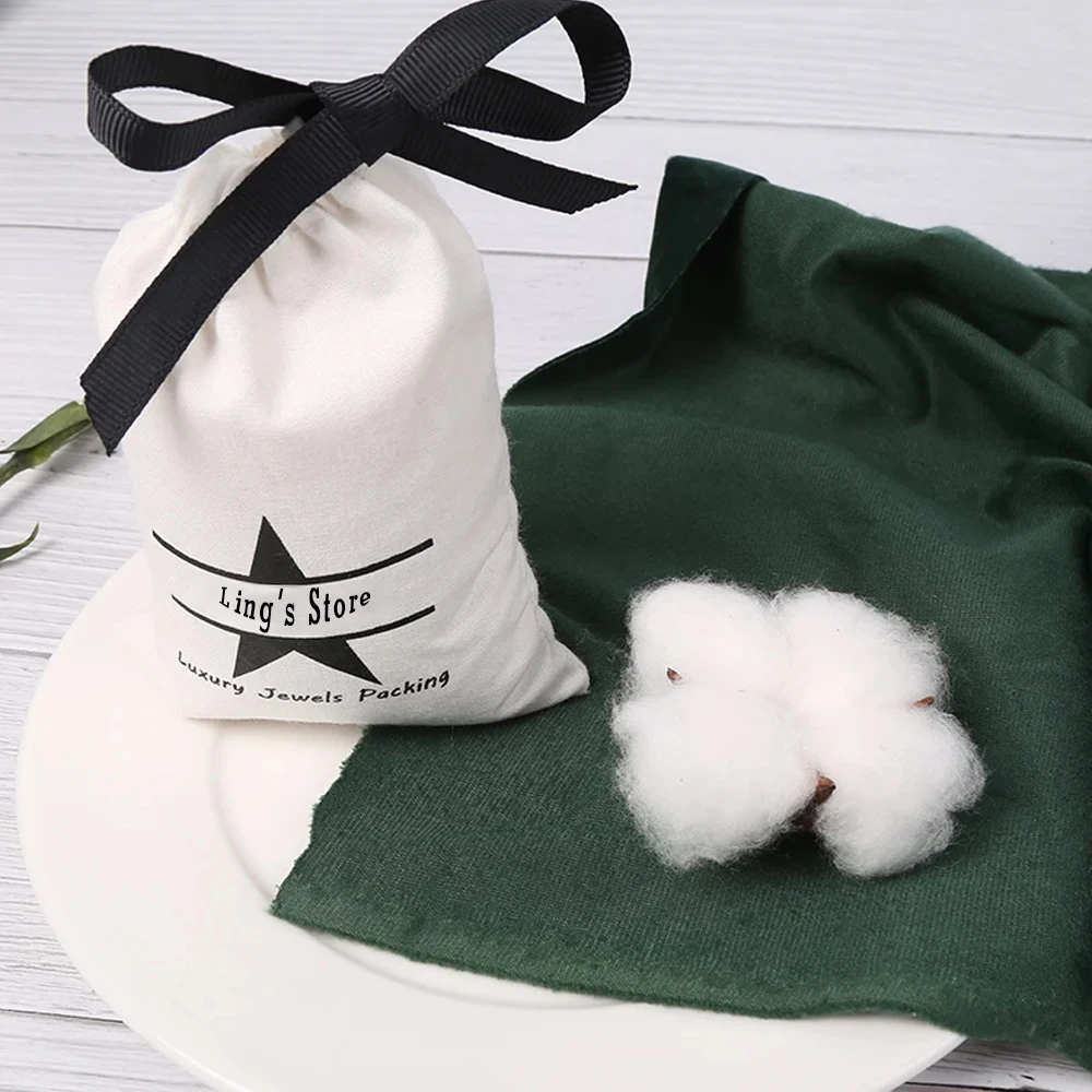 

50/100Pcs Personalized Logo White Cotton Jewelry Bag Muslin Drawstring Ribbon Bowknot Pouch Earring Stud Ring Bracelet Organizer