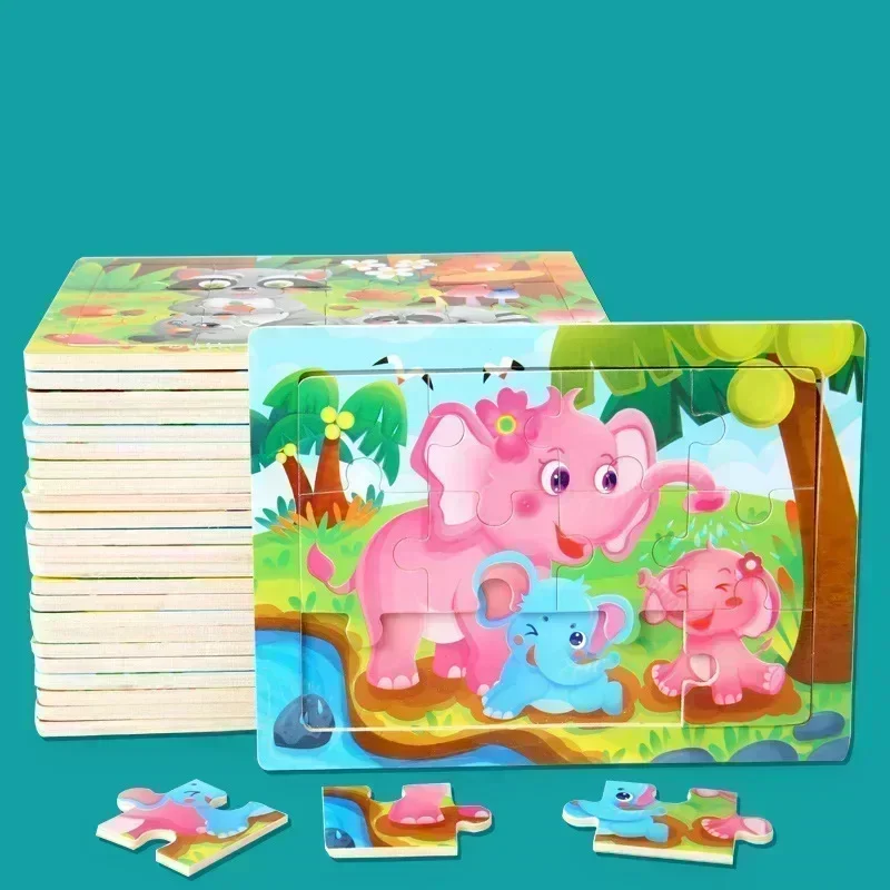 Cartoon Puzzles 12 Pieces Wooden Jigsaw for Kids Ocean Animal Dinosaur Transportation Board Game Children Gifts Educational Toys