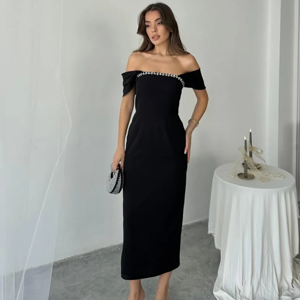 

Customized Black Off the Shoulder Straight Jersey Evening Dress Sleeveless With Crystal Party Dress Tea-Length Prom Gown